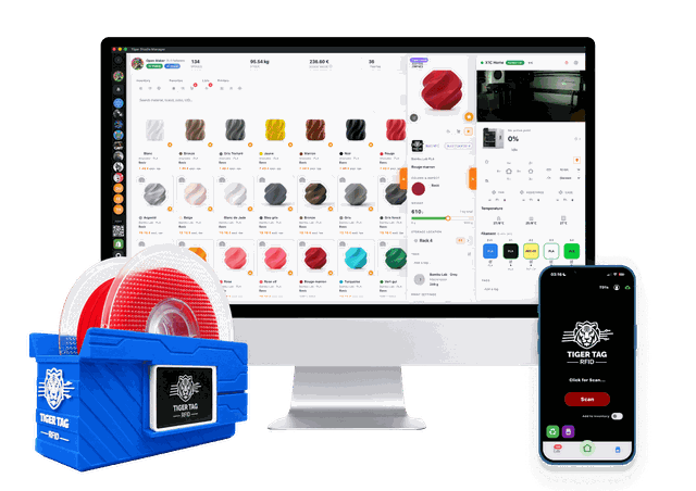 A TigerPOD reader holding a spool, Tiger Studio Manager on a computer, and the TigerTag app on a phone